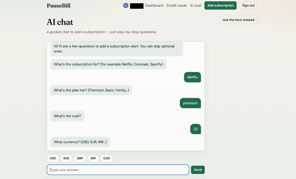 AI chat — add a subscription with guided questions