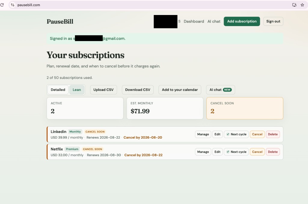 Dashboard — track renewals and cancel-by dates