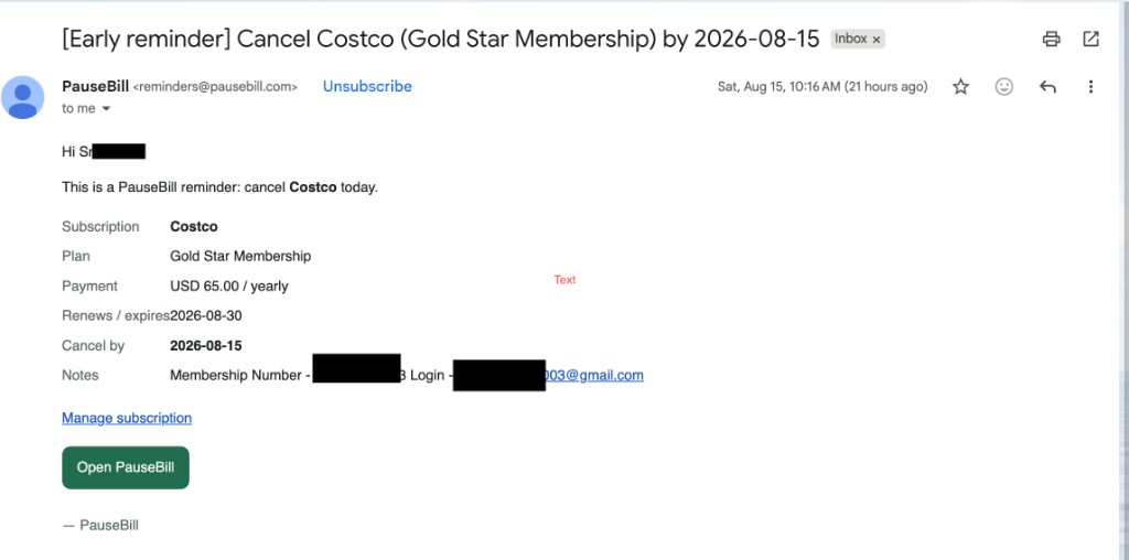 Email reminder before cancel is due